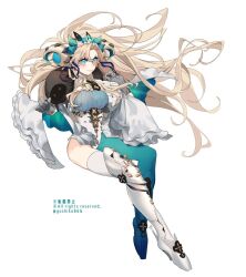  aqua_eyes aqua_pantyhose armor artist_name asymmetrical_legwear blonde_hair breasts collared_leotard curled_horns english_text ereshkigal_(fate) fate/grand_order fate_(series) female floating floating_hair full_body gloves goshiko86g grey_gloves high_heels highleg highleg_leotard horns impossible_clothes knee_armor large_breasts leotard long_hair looking_at_viewer pantyhose parted_bangs sheep sheep_horns simple_background single_leg_pantyhose single_thighhigh smile solo space_ereshkigal_(fate) thighhighs tiara very_long_hair 