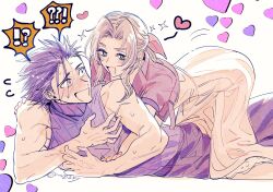  !? 1boy aerith_gainsborough bare_arms bare_shoulders bent_over black_hair blue_eyes blush brown_hair commentary_request couple cowgirl_position crisis_core:_final_fantasy_vii cropped_jacket dress feet_out_of_frame female final_fantasy final_fantasy_vii final_fantasy_vii_remake flying_sweatdrops green_eyes hair_ribbon hand_on_another&#039;s_shoulder heart highres jacket leaning_on_person long_hair looking_at_another motion_lines mrg2by open_mouth parted_bangs pink_dress pink_ribbon red_jacket ribbed_sweater ribbon short_sleeves sleeveless sleeveless_turtleneck sparkle spoken_interrobang straight sweat sweater turtleneck turtleneck_sweater twitter_username zack_fair 