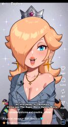  absurdres alternate_breast_size_(larger) blonde_hair blue_eyes blue_shirt blush breasts cleavage collarbone crown earrings english_text fake_phone_screenshot fake_screenshot female gold_necklace grey_background grey_crown grey_shirt hair_over_one_eye highres jewelry large_breasts livestream long_hair looking_at_viewer mario_(series) necklace open_mouth rosalina sarukaiwolf shirt short_sleeves silver_crown single_bare_shoulder single_off_shoulder smile solo sparkle star_(symbol) star_earrings star_necklace super_mario_galaxy tiktok tiktok_live 