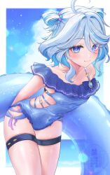  :3 ahoge alternate_costume beads blue_bow blue_bowtie blue_eyes blue_hair blue_one-piece_swimsuit blue_sky bow bowtie breasts collarbone commentary covered_navel female frilled_one-piece_swimsuit frills furina_(genshin_impact) genshin_impact hair_beads hair_between_eyes hair_ornament heterochromia highres holding holding_swim_ring leaning_forward multicolored_hair netarou_(netarou_25) o-ring o-ring_swimsuit one-piece_swimsuit purple_pupils sky small_breasts smile solo streaked_hair swim_ring swimsuit thigh_strap two-tone_hair watermark white_hair 
