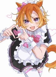  animal_ears apron black_dress bow breasts dress ear_bow female four-finger_heart_hands hair_between_eyes heart heart_hands highres horse_ears horse_girl horse_tail looking_at_viewer maid maid_apron mia_umauma open_mouth orange_hair orange_tail pink_bow puffy_short_sleeves puffy_sleeves purple_eyes short_hair short_sleeves simple_background smile solo t.m._opera_o_(umamusume) tail thighhighs umamusume white_apron white_background white_thighhighs white_wrist_cuffs wrist_cuffs 