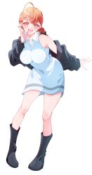  absurdres ahoge bare_shoulders bent_over black_boots black_jacket blush boots braid braided_ponytail breasts dress female full_body highres hololive ichijou_ririka jacket kentotto large_breasts long_hair long_sleeves looking_at_viewer open_clothes open_jacket open_mouth orange_eyes orange_hair simple_background smile solo virtual_youtuber white_background white_dress 