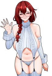  absurdres bare_shoulders blush breasts closed_eyes closed_mouth collarbone detached_sleeves female golbang highres large_breasts long_braid mole mole_on_stomach mole_under_mouth navel original red_hair ribbed_sleeves ribbed_thighhighs thighhighs thighs virgin_destroyer_sweater white_sleeves 