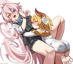  2girls absurdres ahoge ammunition_pouch artist_request ass barefoot black_skirt blonde_hair blue_archive blue_eyes blue_necktie blush bound bound_wrists bulletproof_vest collared_shirt commentary_request commission cuffed cuffs doodle_sensei_(blue_archive) dress feet female_pervert female_sensei_(blue_archive) gold_trim hair_between_eyes hair_flaps halo handcuffs heterochromia highres horns hoshino_(armed)_(blue_archive) hoshino_(blue_archive) hug korean_commentary long_hair long_sleeves looking_at_another lying mase_(hwangabi) medium_hair multiple_girls necktie nervous nose_blush off-shoulder_dress off_shoulder on_back original paper_on_head pervert pink_hair pink_halo plaid_clothes plaid_skirt ponytail pouch red_horns school_uniform second-party_source sensei_(blue_archive) shirt skirt sweatdrop tactical_school_uniform taut_clothes taut_dress white_background white_dress white_shirt wing_collar yellow_eyes 