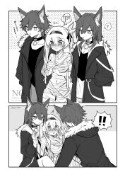  1boy 2girls animal_ears black_hairband black_ribbon black_shirt blush breasts caelus_(honkai:_star_rail) choker coat collarbone dual_persona firefly_(honkai:_star_rail) grey_hair hair_ornament hairband hand_in_pocket highres holding_another&#039;s_wrist honkai:_star_rail honkai_(series) kinoko_7718 large_breasts long_hair multiple_girls mummy_costume navel open_mouth ribbon shirt short_hair skirt speech_bubble stelle_(honkai:_star_rail) thought_bubble trailblazer_(honkai:_star_rail) 