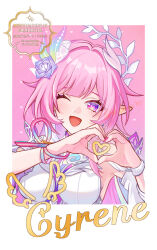  ;o breasts character_name commentary_request cyrene_(honkai:_star_rail) cyrene_(ripples_of_past_reverie)_(honkai:_star_rail) diamond-shaped_pupils diamond_(shape) dress female flower hair_flower hair_ornament heart heart_hands honkai:_star_rail honkai_(series) large_breasts long_hair looking_at_viewer multicolored_hair one_eye_closed pink_background pink_hair purple_eyes shiba_(tonari_no_shiba_inu) solo symbol-shaped_pupils two-tone_hair very_long_hair white_dress white_hair 
