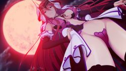  ass_visible_through_thighs black_sleeves black_thighhighs breasts bridal_gauntlets choker cleavage closed_mouth cloud demon_horns detached_sleeves dutch_angle female from_below full_moon game_cg hair_between_eyes hand_on_own_hip horns jewelry kourin_tenshi_en_ciel_rena large_breasts large_variant_set long_hair looking_at_viewer looking_down lucifer_rena maebari moon nail_polish navel night night_sky non-web_source official_art outdoors red_eyes red_hair red_moon revealing_clothes ring saitou_natsuki showgirl_skirt sky solo standing strapless_bottom suhamaya thighhighs tomoe_rena variant_set very_long_hair 