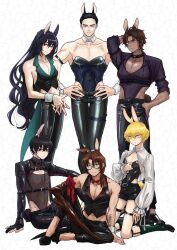  6+boys ajajasta animal_ears arthropod_limbs black_hair black_leotard black_pants blonde_hair bow brown_hair gregor_(project_moon) hair_slicked_back heathcliff_(project_moon) high_heels highres hong_lu_(project_moon) kneeling leotard limbus_company looking_at_viewer low_ponytail male_focus meursault_(project_moon) multiple_boys pants ponytail project_moon rabbit_ears red_bow see-through_clothes see-through_leotard simple_background sinclair_(project_moon) thigh_strap white_background yellow_eyes yi_sang_(project_moon) 