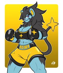  abs absurd_res anthro boxing_gloves boxing_shorts clothing female generation_4_pokemon handwear hi_res luxray nintendo pokemon pokemon_(species) simple_background solo solo_focus vulpinecrew watermark 
