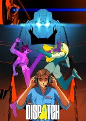  2girls 3boys absurdres adjusting_headphones artist_name black_hair blonde_blazer blonde_hair blue_eyes blue_shirt bodysuit brown_hair copyright_name dispatch fighting glowing glowing_eyes hashtag-only_commentary headphones highres invisigal jacket kyle_nguyen leotard looking_at_viewer looking_down mask mecha_pilot_suit multiple_boys multiple_girls open_clothes open_jacket pants robert_robertson shirt shroud_(dispatch) sweatdrop 