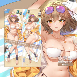  ahoge anis_(nikke) anis_(sparkling_summer)_(nikke) arm_up armpits ass aviator_sunglasses bakugadou bare_legs beach beach_towel bikini black_socks blush breasts brown_hair can cleavage coconut commentary curvy dakimakura_(medium) drink_can eyepatch_bikini eyewear_on_head female full_body goddess_of_victory:_nikke gradient-tinted_eyewear highres jacket jewelry large_breasts looking_at_viewer lying merchandise_available navel necklace off_shoulder official_alternate_costume on_back on_side open_clothes open_jacket open_mouth orange_eyes padded_jacket pink-tinted_eyewear purple-tinted_eyewear short_hair side-tie_bikini_bottom skindentation smile socks soda_can star_(symbol) star_necklace stirrup_legwear sunglasses swimsuit tinted_eyewear toeless_legwear toes towel watermark white_bikini yellow_jacket 