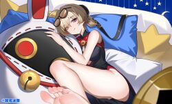  absurdres ahoge ass bangboo_(zenless_zone_zero) bare_shoulders barefoot black-framed_eyewear black_dress blonde_hair blurry blurry_foreground china_dress chinese_clothes clothing_cutout commentary_request cutout_above_navel dress eyes_visible_through_hair eyewear_on_head female guhuabingwu hair_over_one_eye highres hugging_object looking_at_viewer luckyboo_(zenless_zone_zero) lying on_bed on_side pelvic_curtain pillow solo stuffed_toy sunglasses sweety_(zenless_zone_zero) tinted_eyewear tongue tongue_out twitter_username underboob_cutout yellow-tinted_eyewear zenless_zone_zero 