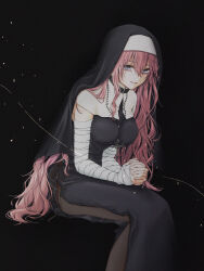  bandaged_arm bandaged_hand bandages bead_necklace beads belt_collar black_background black_collar black_veil blue_eyes breasts collar commentary_request commission cross cross_necklace double-parted_bangs feet_out_of_frame female hair_between_eyes highres invisible_chair iron_cross jewelry large_breasts long_hair looking_at_viewer necklace nun original oshamu own_hands_clasped own_hands_together parted_lips pink-haired_nun_(404notfound) pink_hair rosary side_slit simple_background sitting skeb_commission solo veil very_long_hair 