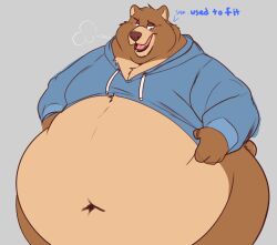  annoyed anthro ass bear belly big_belly big_butt blush bottomless breath brown_bear brown_body brown_fur chubby_cheeks clothed clothing clothing_pull dialogue english_text fur hi_res hoodie looking_down looking_down_at_self male mammal moobs navel obese obese_anthro obese_male open_mouth overweight overweight_anthro overweight_male razigator shirt shirt_pull sigh solo standing text topwear topwear_pull ursine wide_hips 