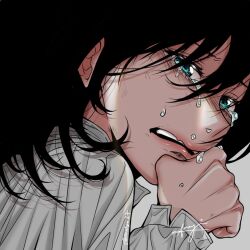  artist_name black_hair blue_eyes crying crying_with_eyes_open dated female hand_up highres koffeeartist long_hair long_sleeves looking_at_viewer open_mouth original simple_background solo tears 