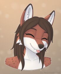  absurd_res anthro blep canid canine canis closed_eyes ethiopian_wolf female fur hair headshot_portrait hi_res inner_ear_fluff la_responsabilite mammal markings portrait simple_background solo spots spotted_markings teeth tongue tongue_out tuft vkla 