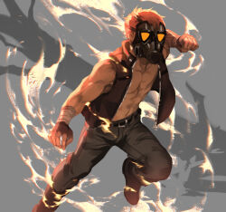  1boy abs arm_up bandaged_wrist bandages black_jacket black_mask black_pants black_shoes brown_hair commentary english_commentary full_body gas_mask grey_background hood hood_down hooded_jacket imminent_attack imminent_punch jacket lydialing_draws male_focus mask muscular muscular_male open_clothes open_jacket original pants pectorals shoes short_hair solo 