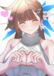  absurdres alternate_costume bare_shoulders blush breasts brown_hair cleavage cleavage_cutout closed_eyes closed_mouth clothing_cutout commentary_request female gundam68 heart heart_hands highres honkai_(series) honkai_impact_3rd large_breasts li_sushang long_hair sleeveless sleeveless_sweater smile solo sweater twitter_username 