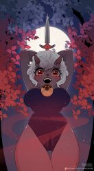  arms_up bell black_leotard breasts cult_of_the_lamb dark-skinned_female dark_skin fangs female full_moon highres holding holding_knife holding_weapon horizontal_pupils horns knife large_breasts leotard moon neck_bell night open_mouth outdoors red_eyes sheep_girl short_hair solo sphenodaile teeth the_lamb_(cult_of_the_lamb) thighs upper_teeth_only wavy_hair weapon white_hair 