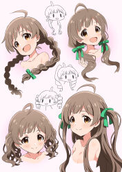  ahoge alternate_hairstyle bow braid brown_eyes brown_hair closed_mouth female goma_konbu green_bow hairbow hakozaki_serika highres idolmaster idolmaster_million_live! long_hair low_twintails multiple_views open_mouth simple_background smile twin_braids twintails two_side_up white_background 
