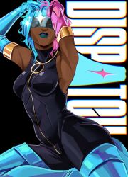  armlet arms_up black_background black_bodysuit blue_boots blue_lips bodysuit boots breasts copyright_name dark-skinned_female dark_skin dispatch elbow_gloves female gloves highres jewelry lipstick makeup mole mole_above_mouth multicolored_hair prism_(dispatch) small_breasts stitchedspider sunglasses thigh_boots two-tone_hair 