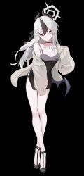  absurdres black_background black_choker black_dress black_hair black_horns black_wings blue_archive breasts choker cleavage commission dress female full_body halo hand_up highres horns kayoko_(blue_archive) kayoko_(dress)_(blue_archive) liaowen long_hair long_sleeves looking_at_viewer low_wings medium_breasts off_shoulder official_alternate_costume parted_lips red_eyes simple_background single_bare_shoulder solo standing thighs white_hair wings 