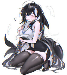  absurdres adjusting_clothes artist_name black_hair black_skirt black_thighhighs blush breasts cetacean_tail collared_shirt commentary dorsal_fin female fins fish_tail haze_(7h4ze) high_heels highres holding holding_paper kneeling lanyard large_breasts long_hair looking_at_viewer multicolored_hair office_lady orca_(haze_(7h4ze)) orca_girl original paper pencil_skirt shirt skirt sleeveless sleeveless_shirt streaked_hair tail thighhighs torn_clothes torn_thighhighs very_long_hair white_background white_eyes white_hair white_shirt 