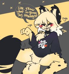  2025 :3 anthro blush bottomless bottomless_anthro bottomless_male caeleste chest_tuft closed_eyes clothed clothing collar countershading english_text featureless_crotch felid feline femboy happy hi_res male male_anthro mammal niles_(caeleste) partially_clothed paw_pose pose serval shirt sitting solo speech_bubble tail text tongue topwear tuft 