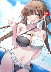  absurdres alternate_costume arm_behind_back bare_shoulders bikini blue_sky blush breasts brown_hair cleavage cloud cloudy_sky collarbone commentary_request commission cowboy_shot day flower frilled_bikini frills gundam68 hair_flower hair_ornament hand_up hibiscus highres honkai:_star_rail honkai_(series) large_breasts long_hair looking_at_viewer multicolored_bikini navel o-ring o-ring_bikini o-ring_top ocean one_eye_closed open_mouth skeb_commission sky smile solo standing stomach sushang_(honkai:_star_rail) swimsuit teeth twintails twitter_username two-tone_bikini upper_teeth_only yellow_eyes 