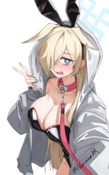  @_@ absurdres alternate_costume animal_collar animal_ear_hairband animal_ears black_hairband black_leotard blonde_hair blue_archive blue_eyes blue_halo blush breasts cleavage collar collarbone commentary cowboy_shot ear_blush embarrassed extra_ears fake_animal_ears female floppy_ears furrowed_brow groin hair_over_one_eye hairband halo hand_up highres hood hood_up hooded_jacket jacket kanna_(blue_archive) large_breasts leash leotard long_bangs long_hair long_sleeves making-of_available nammmmer nose_blush one_eye_covered open_clothes open_jacket open_mouth pink_collar playboy_bunny pov rabbit_ears rectangular_halo sharp_teeth simple_background solo strapless strapless_leotard tearing_up teeth twitter_username v very_long_hair viewer_holding_leash white_background 