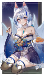  absurdres animal_ear_fluff animal_ears bare_shoulders blue_bow blue_eyes blue_hair blue_sash blue_sleeves blurry blurry_background bow breasts chiyo_miketsukami_(vtuber) cleavage collared_shirt commission detached_sleeves female food fox_ears fox_girl fox_tail fur_collar gradient_eyes highres indie_virtual_youtuber large_breasts long_hair long_sleeves looking_at_viewer multicolored_eyes multicolored_hair multiple_tails obi obijime pastry sash shirt sitting skeb_commission solo streaked_hair tail tanaka_(tps9g) virtual_youtuber wariza white_hair wide_sleeves 
