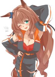  absurdres animal_ears arm_behind_head belt black_jumpsuit blue_eyes blush bow breasts brown_hair cleavage collarbone detached_sleeves ear_bow female green_eyes hair_between_eyes hand_on_own_hip highres horse_ears horse_girl horse_tail jumpsuit kyoshinsya_ysis large_breasts long_hair looking_at_viewer maruzensky_(umamusume) one_eye_closed open_mouth orange_belt simple_background smile solo tail umamusume white_background 