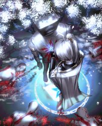  1boy 6+others ahoge black_gloves black_jacket blood cape chains from_above gloves highres jacket library_of_ruina long_hair long_sleeves m_ttl mannequin multiple_others project_moon side_ponytail solo_focus stab standing white_cape white_hair yan_vismok 