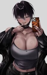  absurdres black_choker black_jacket black_nails black_pants breasts brown_eyes brown_hair camisole cellphone choker cleavage collarbone commentary cross cross_earrings dark-skinned_female dark_skin earrings female grey_background grey_camisole highres holding holding_phone jacket jewelry looking_at_viewer may_(ulularts) mole mole_under_eye open_clothes open_jacket open_mouth original pants phone ring short_hair simple_background smartphone smile solo symbol-only_commentary teeth ulularts upper_body upper_teeth_only 