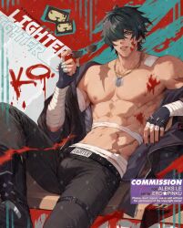  1boy abs bandaged_arm bandages bandaid bandaid_on_shoulder black_gloves black_hair black_jacket black_nails black_pants blood blood_on_face commission ero_pinku fingerless_gloves gloves hair_over_one_eye holding holding_removed_eyewear jacket jewelry lighter_(zenless_zone_zero) male_focus muscular muscular_male necklace open_clothes open_jacket pants short_hair solo topless_male unworn_eyewear zenless_zone_zero 