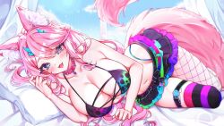  animal_ear_fluff asymmetrical_legwear black_skirt black_thighhighs blue_eyes blue_horns breasts cat_girl cat_tail cleavage collar collarbone commission drowsenss female fishnet_pantyhose fishnets highres horns indie_virtual_youtuber large_breasts long_hair mandarzrawr_(vtuber) miniskirt navel open_mouth pantyhose pillow pink_collar pink_hair purple_thighhighs skirt smile solo spiked_collar spikes striped_clothes striped_thighhighs tail thighhighs virtual_youtuber 