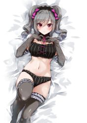 bare_shoulders bikini black_bikini black_gloves black_hairband black_thighhighs blush bow bowtie breasts detached_collar drill_hair elbow_gloves female gloves grey_hair groin hairband hairbow highres idolmaster idolmaster_cinderella_girls kanzaki_ranko long_hair looking_at_viewer lying medium_breasts navel neck_ribbon on_bed paopao purple_bow purple_bowtie red_eyes ribbon ribbon-trimmed_elbow_gloves ribbon-trimmed_thighhighs ribbon_trim solo striped_bikini striped_clothes swimsuit thighhighs thighs twin_drills 