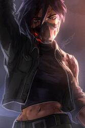 2025 artist_name belt belt_buckle black_hair black_shirt blood blood_on_face breasts brown_eyes buckle dark-skinned_female dark_skin dispatch female hair_between_eyes highres invisigal jacket long_sleeves looking_at_viewer mask medium_breasts midriff mouth_mask navel open_clothes open_jacket pants roguepheonix shirt short_hair solo spoilers 