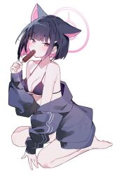  absurdres animal_ears barefoot bikini black_bikini black_hair black_jacket blue_archive blush breasts cat_ears cleavage collarbone colored_inner_hair extra_ears female food food_in_mouth hair_ornament hairclip halo highres holding holding_food holding_popsicle jacket jacket_partially_removed kazusa_(blue_archive) long_sleeves looking_at_viewer medium_breasts multicolored_hair off_shoulder open_clothes open_jacket pink_eyes pink_hair pink_halo popsicle red_eyes short_hair simple_background sitting solo swimsuit two-tone_hair usukawa_(uskw_sr) white_background 