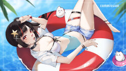  absurdres bandaid bandaid_on_face bandaid_on_nose belt_collar bikini black_hair bracelet breasts cleavage collar commission cropped_jacket denim denim_shorts female hair_ornament highres indie_virtual_youtuber jacket jewelry long_hair looking_at_viewer medium_breasts multicolored_hair open_clothes open_jacket open_mouth partially_submerged pink_nails red_eyes red_hair scrunchie short_sleeves shorts side_ponytail skeb_commission solo star_(symbol) star_hair_ornament streaked_hair swim_ring swimsuit tanaka_(tps9g) thigh_strap virtual_youtuber water white_bikini white_jacket x_hair_ornament 