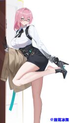  absurdres black_gloves black_shoes black_skirt breasts brown_coat button_gap coat commentary_request feet_out_of_frame female glasses gloves guhuabingwu half-closed_eyes high-waist_skirt highres holding holding_coat holding_unworn_clothes large_breasts leaning leg_up long_hair looking_to_the_side pencil_skirt pink_eyes pink_hair shirt shoes skirt solo standing standing_on_one_leg sweat tsukishiro_yanagi twitter_username unworn_coat variant_set white_background white_shirt zenless_zone_zero 