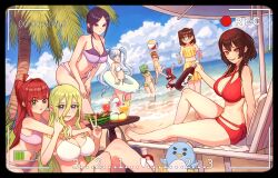  6+girls :d absurdres ball bare_arms bare_legs bare_shoulders barefoot battery_indicator beach beach_chair beach_umbrella beachball bikini black_bikini black_border black_eyes black_hair blonde_hair blue_eyes blue_sky blunt_bangs bonnouji_momoha border bottle breasts brown_hair butterfly_on_hair cloud cocktail commentary cup day drinking_straw dutch_angle ear_piercing english_commentary futate_eru green_bikini green_eyes green_hair hair_between_eyes hasu_hasuha highres holding holding_bottle hug hug_from_behind iin_chiyo kimi_no_koto_ga_dai_dai_dai_dai_daisuki_na_100-nin_no_kanojo large_breasts long_hair long_hair_between_eyes looking_at_viewer morikita_kimari multiple_girls oerba_yun_fang open_mouth outdoors palm_tree pentarou_(hyakkano) piercing pigsir13152 pink_bikini ponytail purple_eyes red_bikini red_eyes red_hair short_hair sky smile swim_ring swimsuit torotoro_kishika tree umbrella v very_long_hair viewfinder wading water white_eyes white_hair yakuzen_yaku yamato_nadeshiko_(hyakkano) yasashiki_yamame yellow_bikini 