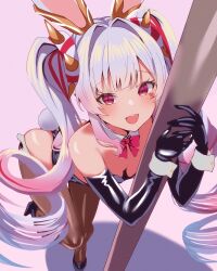  absurdres animal_ears black_gloves black_leotard black_shoes duel_monster elbow_gloves fake_animal_ears fake_tail female gloves high_heels highres leotard long_hair looking_at_viewer maliss_&lt;p&gt;_white_rabbit multicolored_hair open_mouth pole pole_dancing rabbit_ears rabbit_tail red_hair shoes smile solo strapless strapless_leotard streaked_hair stripper_pole tail twintails very_long_hair white_hair white_wrist_cuffs wrist_cuffs yu-gi-oh! yuzi124 