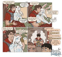  absurd_res animal_humanoid annoyed anthro bodypaint breasts casual_exposure clothed clothing cuddling duo featureless_breasts female gwen_(toffee_32) hi_res human humanoid imagination lagomorph lagomorph_humanoid leporid_humanoid lucas_(toffee_32) male mammal mammal_humanoid outside rabbit_humanoid speech_bubble text toffee_32 topless 