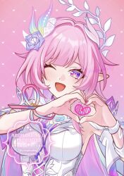  ;o breasts commentary cyrene_(honkai:_star_rail) cyrene_(ripples_of_past_reverie)_(honkai:_star_rail) diamond-shaped_pupils diamond_(shape) dress female flower hair_flower hair_ornament heart heart_hands honkai:_star_rail honkai_(series) large_breasts long_hair looking_at_viewer multicolored_hair one_eye_closed pink_background pink_hair purple_eyes shiba_(tonari_no_shiba_inu) solo symbol-only_commentary symbol-shaped_pupils two-tone_hair very_long_hair white_dress white_hair 