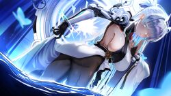  absurdres alternate_breast_size_(larger) black_pantyhose blue_eyes breasts colored_eyelashes commentary dress female goddess_of_victory:_nikke highres huge_breasts long_hair nayuta_(nikke) one_eye_closed pantyhose papaya_b0i prosthesis prosthetic_arm sideboob solo two-tone_dress very_long_hair water white_hair 