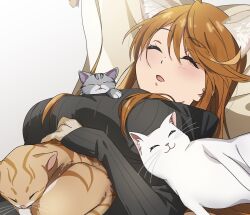  animal animal_ears black_sweater breasts brown_hair cat_ears closed_eyes feline female highres idolmaster idolmaster_million_live! katsu_(kana) large_breasts long_hair long_sleeves open_mouth sleeping sleeves_past_wrists solo sweater tokoro_megumi 