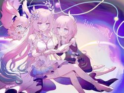  2girls bare_shoulders barefoot blue_eyes book breasts coat colored_eyelashes commentary cross cyrene_(aedes_elysiae)_(honkai:_star_rail) cyrene_(honkai:_star_rail) cyrene_(ripples_of_past_reverie)_(honkai:_star_rail) diamond-shaped_pupils diamond_(shape) dress dual_persona english_commentary english_text flower hair_flower hair_ornament halo high_heels highres holding holding_book honkai:_star_rail honkai_(series) jewelry large_breasts long_hair mem_(honkai:_star_rail) multicolored_hair multiple_girls necklace open_book open_mouth pink_hair purple_coat purple_eyes soles symbol-shaped_pupils symzae toes two-tone_hair very_long_hair white_dress 