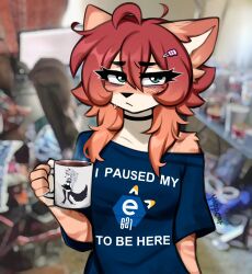  anthro beverage black_nose blush blush_lines bodily_fluids choker clothed clothing coffe_mug coffee domestic_cat e621 e621_logo english_text eye_bags eyebrows felid feline felis female freckled_face freckles gradient_hair green_eyes hair half-closed_eyes hellaverse helluva_boss hi_res jewelry looking_at_viewer loona_(helluva_boss) makeup mammal mascara meme meme_clothing messy_room narrowed_eyes necklace off_shoulder oversized_clothing oversized_topwear pouting red_hair shirt solo sweat sweatdrop t-shirt text topwear twitch.tv yappcat yumi_(catniplewds) 