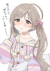  ahoge blush collarbone female fluffy_sweet_(idolmaster) goma_konbu hakozaki_serika headband highres idolmaster idolmaster_million_live! idolmaster_million_live!_theater_days long_hair looking_at_viewer official_alternate_costume pajamas simple_background solo sweat translation_request twintails upper_body white_background white_headband 